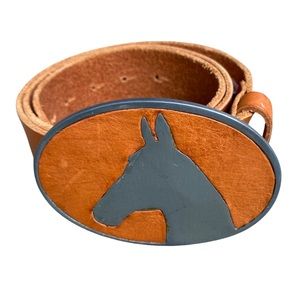 Diesel Tan Leather Belt with Gray Horse Silhouette Buckle